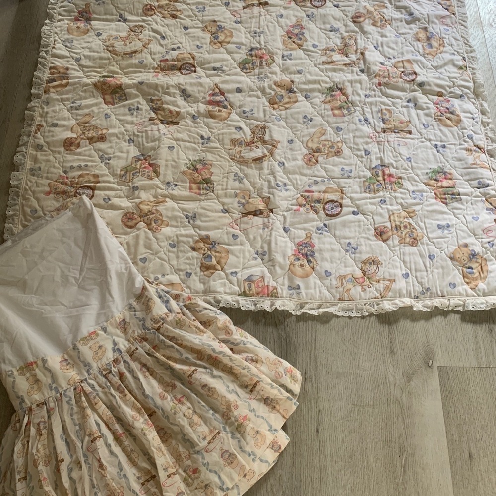 Vintage Teddy Bear Toy Box Quilted Baby Blanket and Ruffled Bed Skirt Set crib
